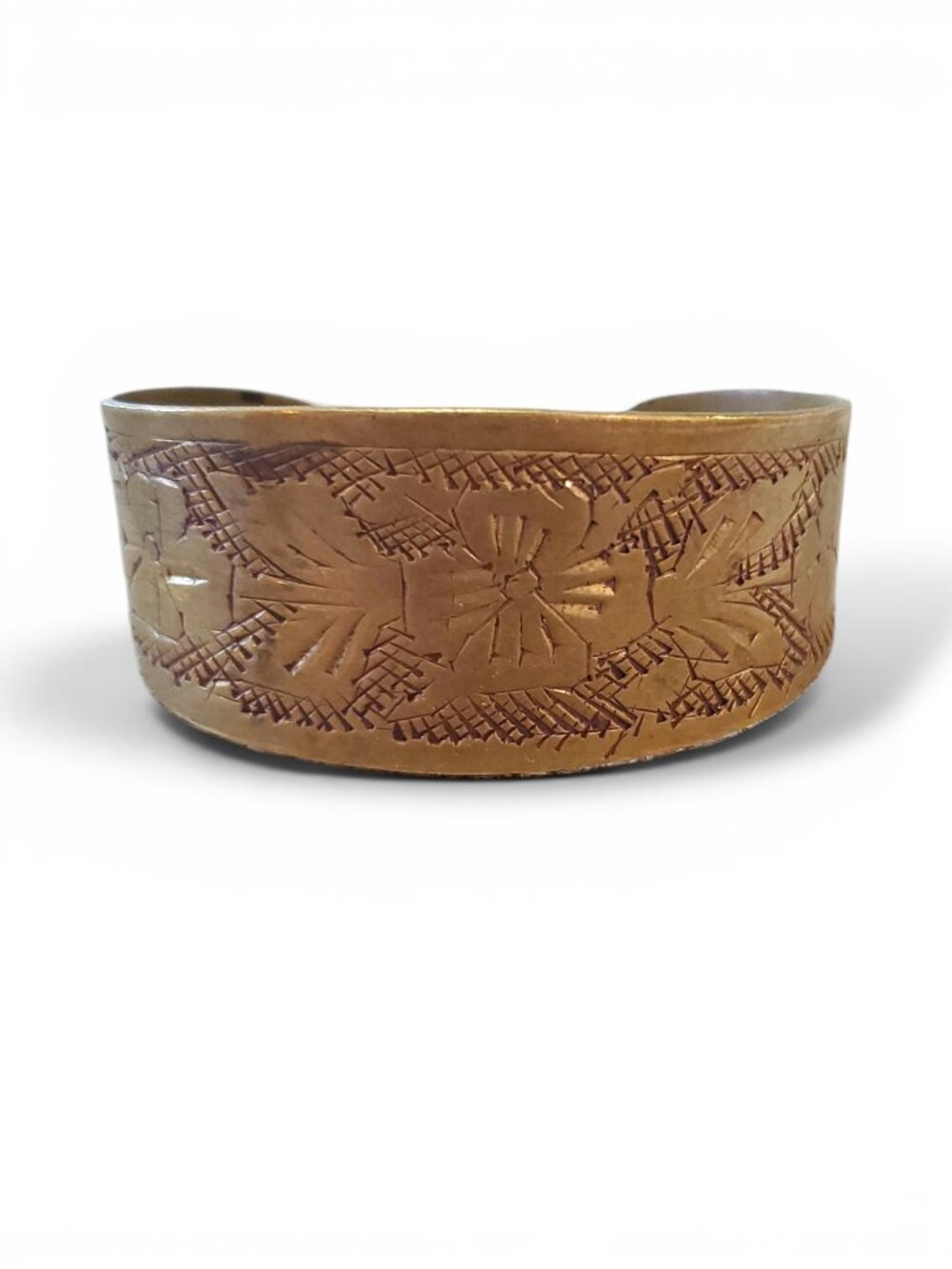 Vintage Etched Brass Cuff Bracelet – Floral Boho Wide Statement